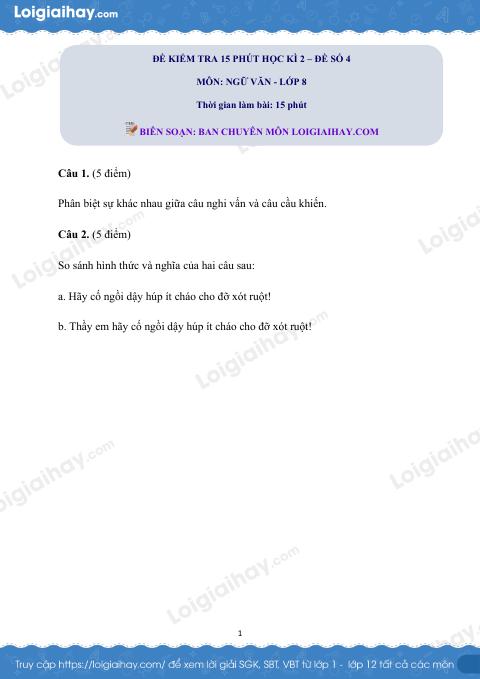 Đề kiểm tra 15 phút Văn 8 - Đề số 4